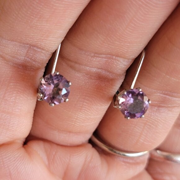 Vintage 925 sterling silver amethyst leverback drop earrings - Picture 3 of 16